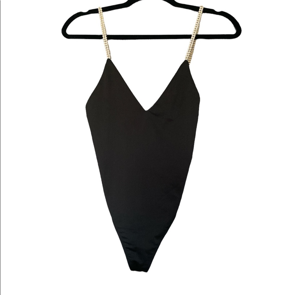Rhinestone Strap Black Bodysuit